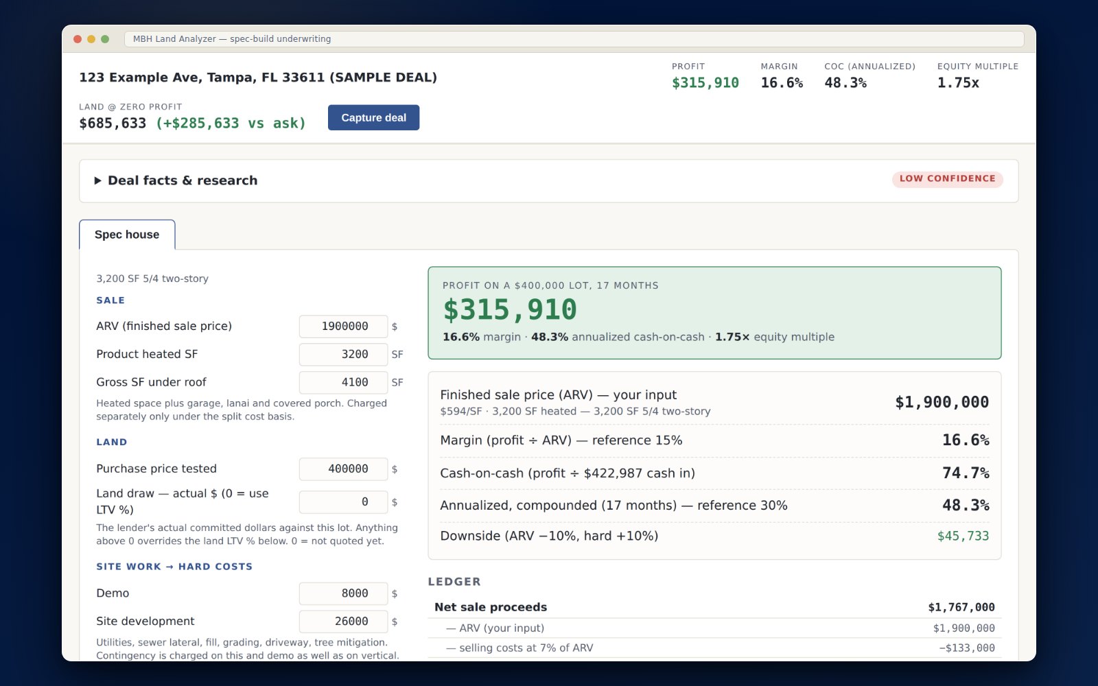Land Analyzer showing a spec-build pro forma with profit, margin, cash-on-cash and a full cost ledger