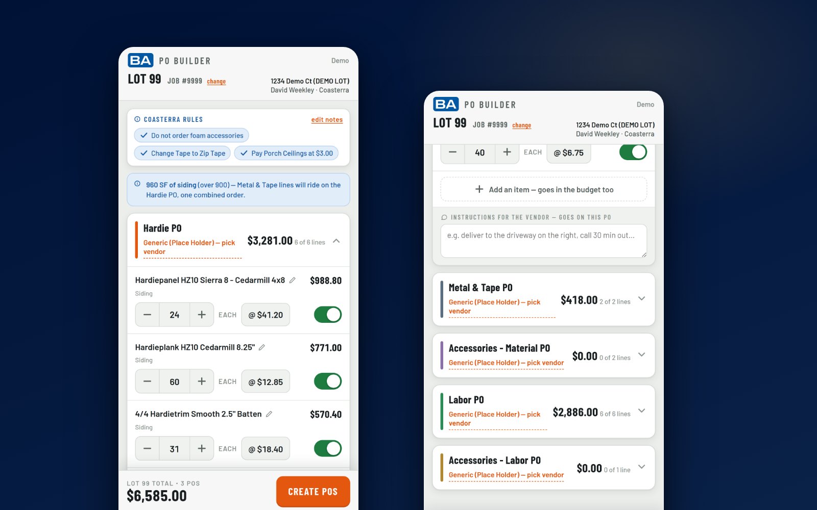 PO Builder app showing a lot's budget bucketed into purchase orders with editable line items